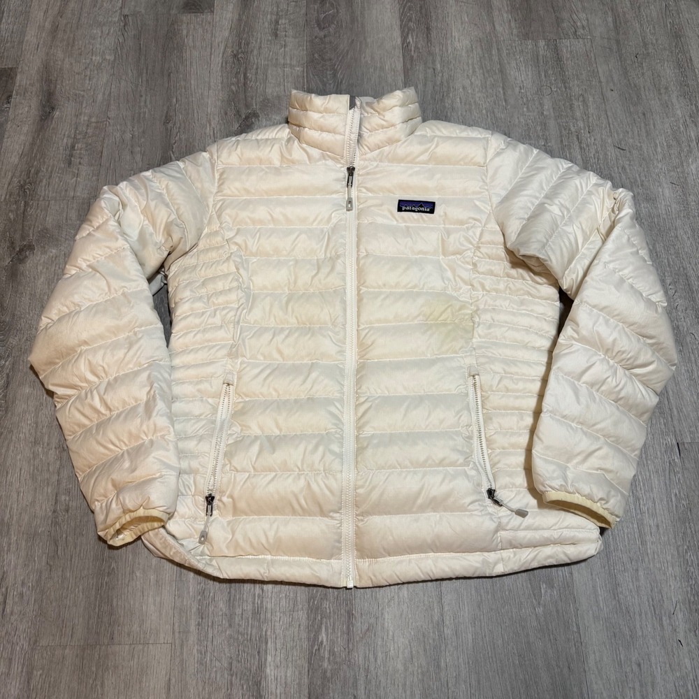 Patagonia Womens Down Sweater Jacket Cream Off White Full Zip Puffer Size Medium